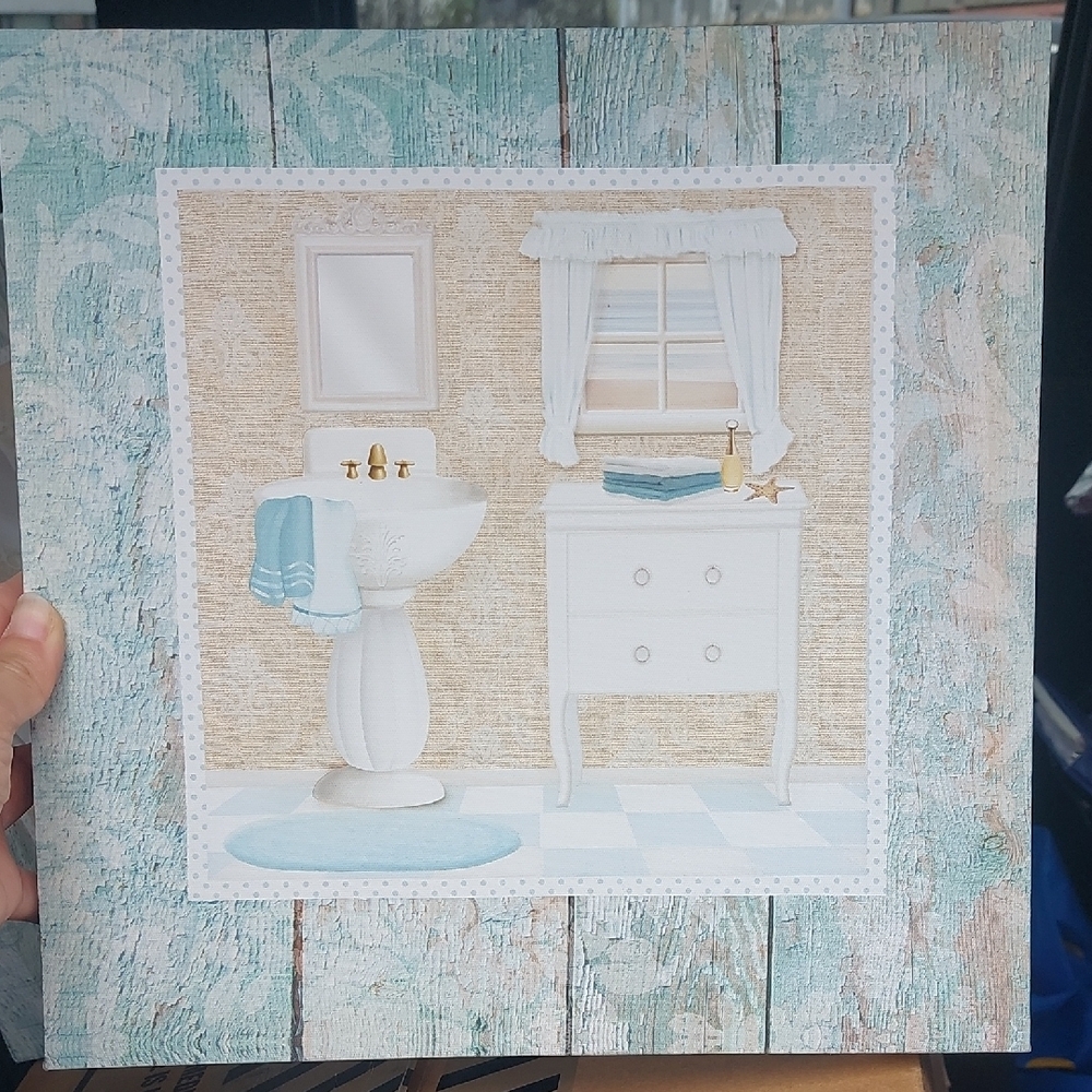 Set Of 2 Bathroom Wall Art Set with Blue and Beige Accents - Canvas